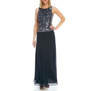 New! J KARA Women's Sequined Beaded Popover Gown Dress Sleeveless Navy/Mercury